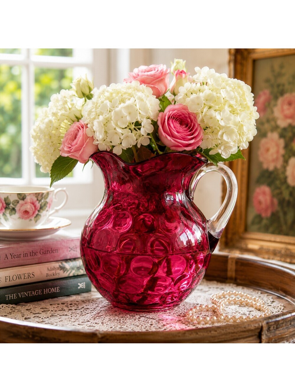 Vintage Fenton Cranberry Coin Dot Optic Glass Pitcher With Clear Handle